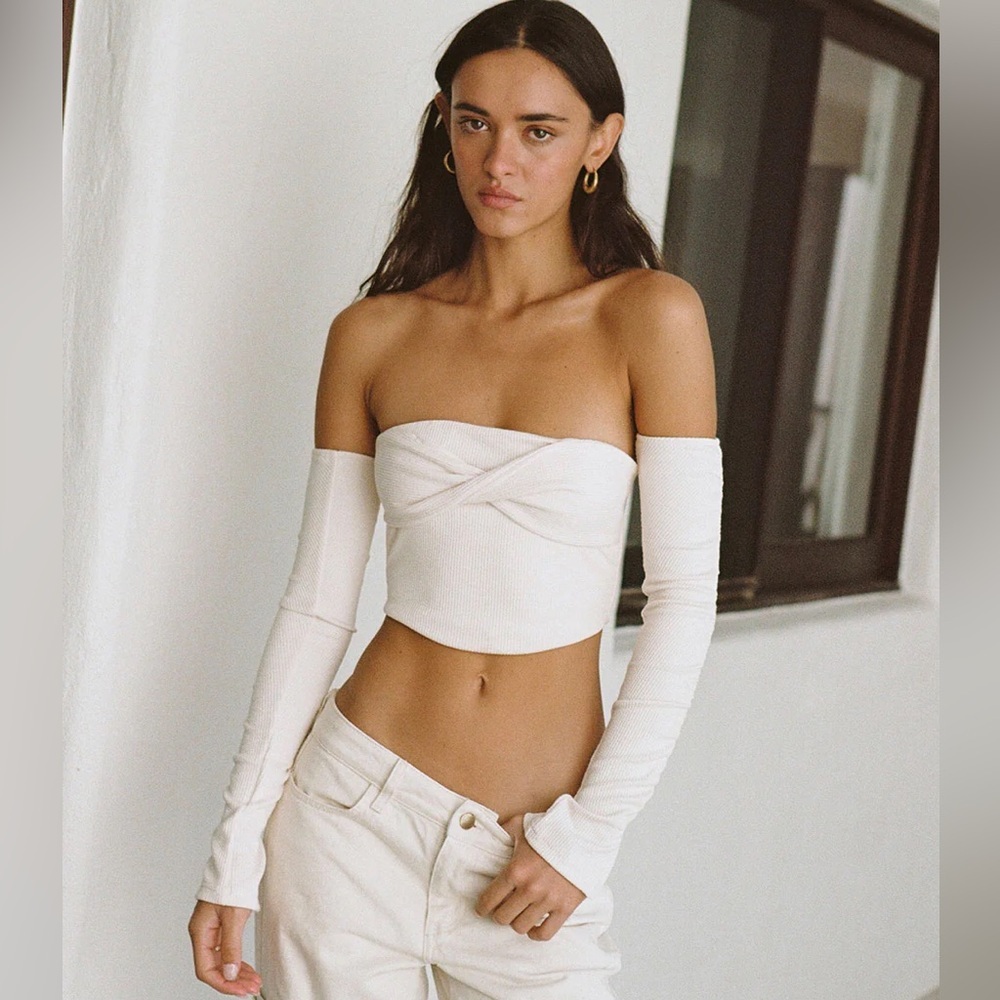 🌞 SABO Raeana Off Shoulder Detached Sleeves Ribbed Knot Tube Top in Ivory White